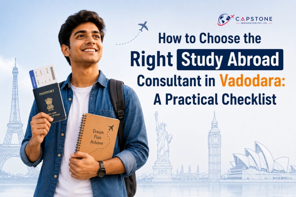 Student and consultant reviewing study abroad visa documents together at a desk in Vadodara